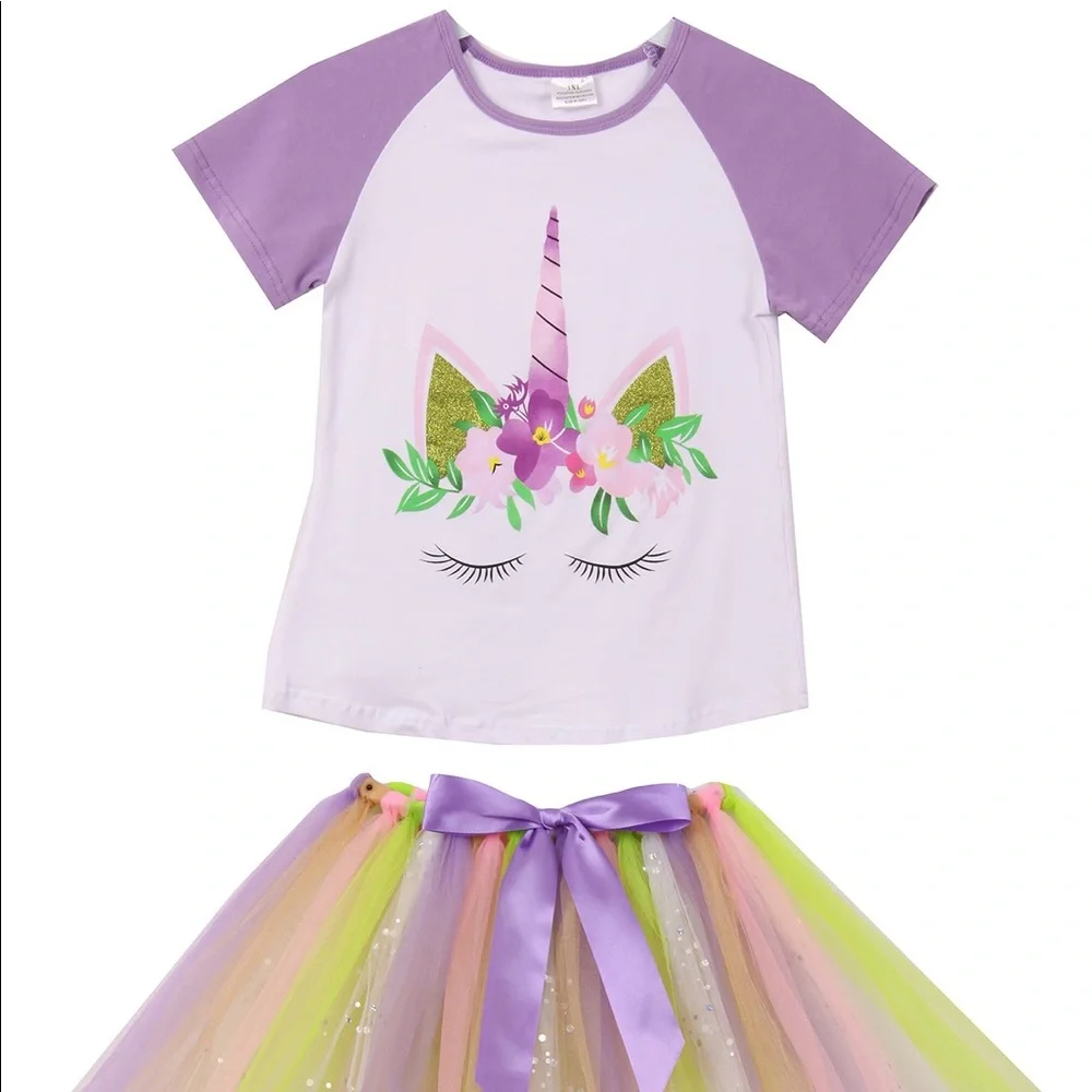 2 pieces top set little girls tutu tulle set 2T-8